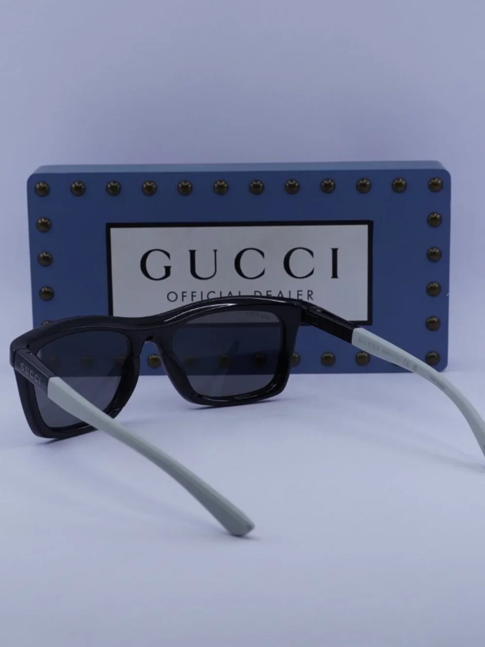 Gucci GG1735S 002 Rectangle Sunglasses - Black/White \ Blue Mirror